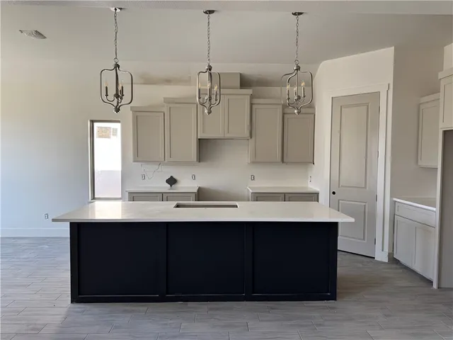 a kitchen with a sink refrigerator and cabinets