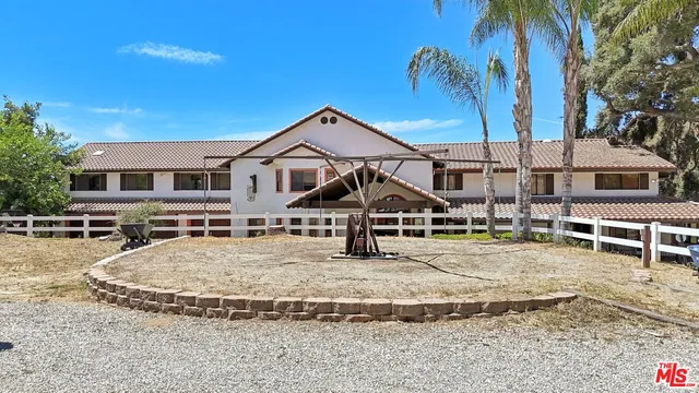 a backyard of a building with large trees and plants
