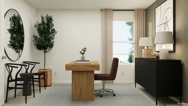 a view of workspace with a table and chair