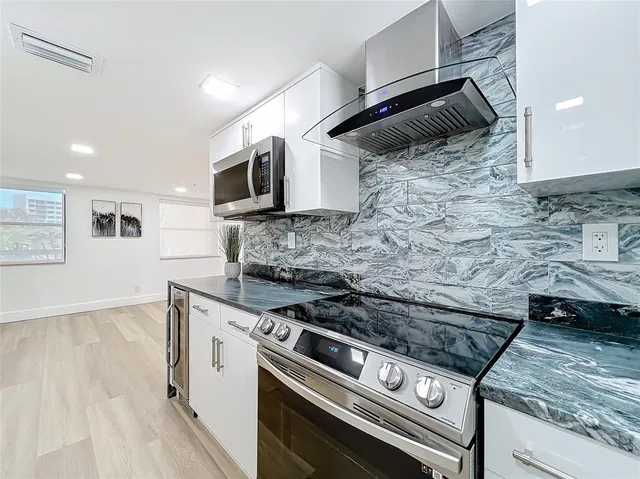 a kitchen with a stove and a microwave
