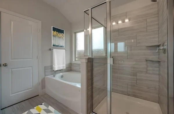 a bathroom with a bathtub and a shower