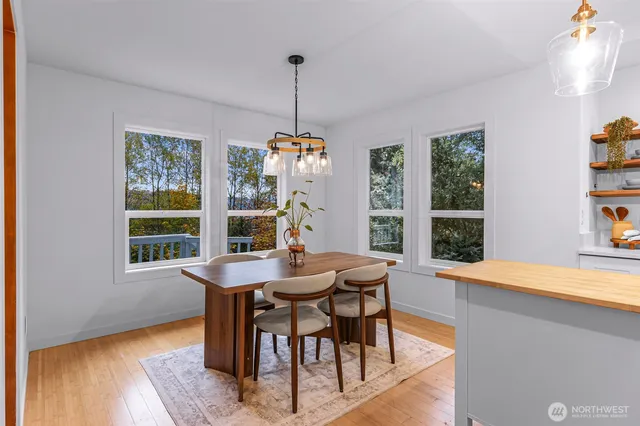 a view of a dining room with furniture window and wooden floor