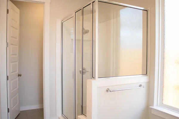 a bathroom with a shower and a window