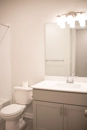 a bathroom with a sink toilet and mirror