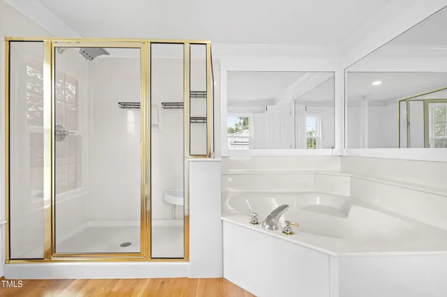 a bathroom with a bathtub and a shower