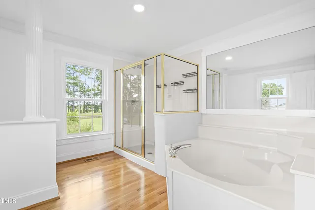 a bathroom with a bathtub and a shower