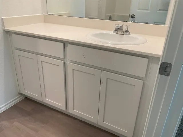 a bathroom with a sink and vanity
