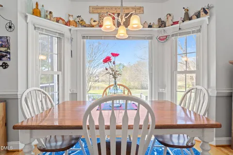 a view of a dining room with furniture window and wooden floor