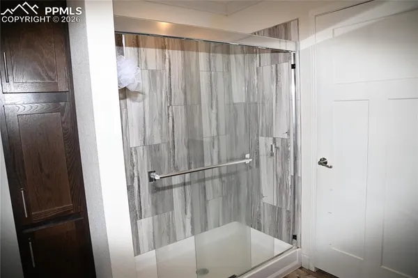 a bathroom with a shower and a sink