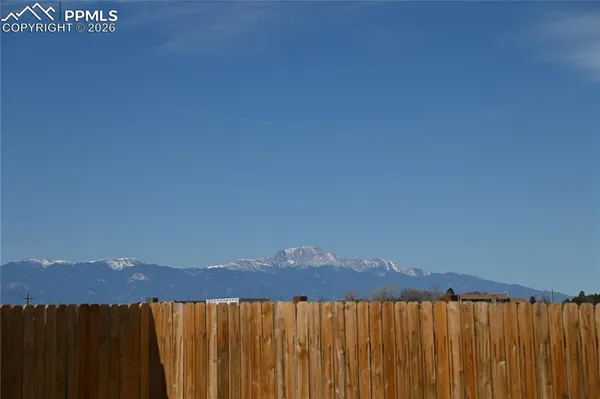 a view of a backyard with wooden fence and a forest