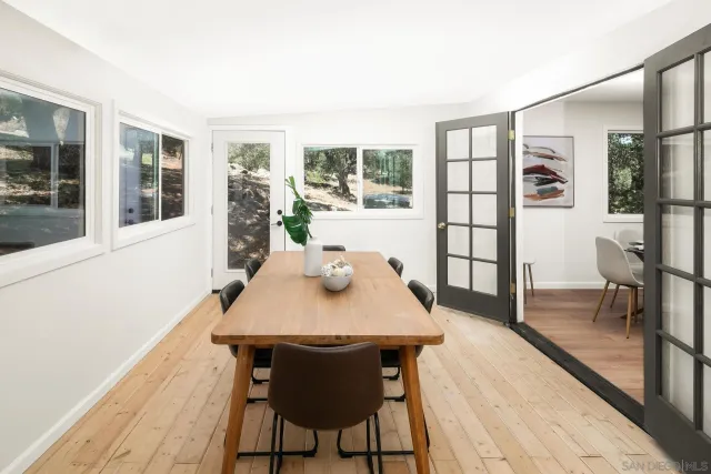 a view of a dining room with furniture and window