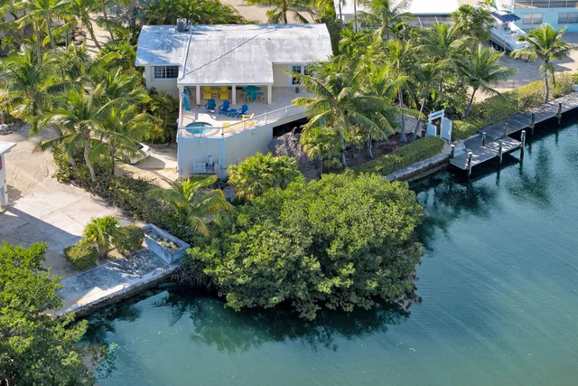 an aerial view of a house with pool outdoor seating yard and green space