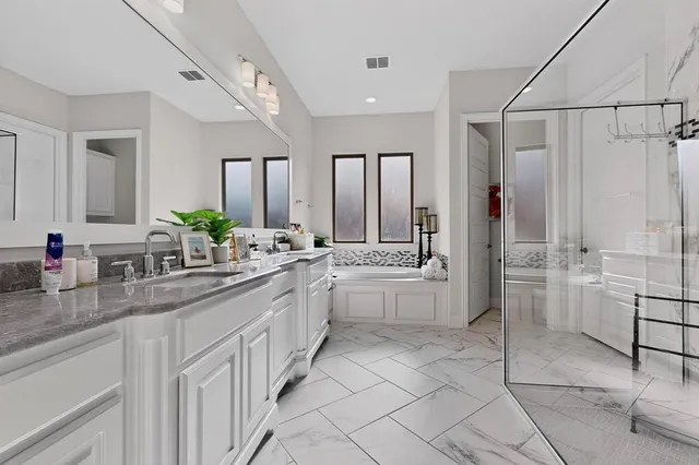 a bathroom with a shower and a sink