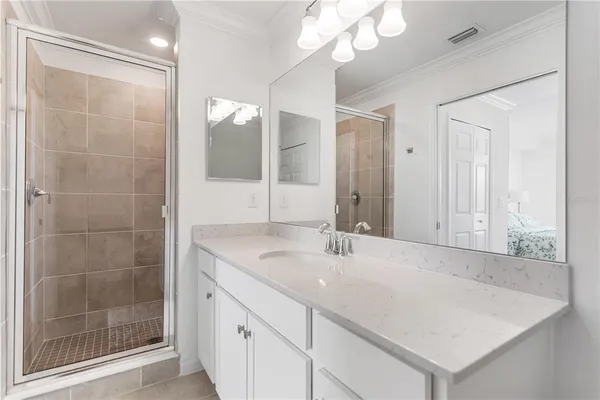a bathroom with a sink a vanity a mirror and a shower