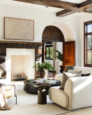 a living room with furniture fireplace and a potted plant