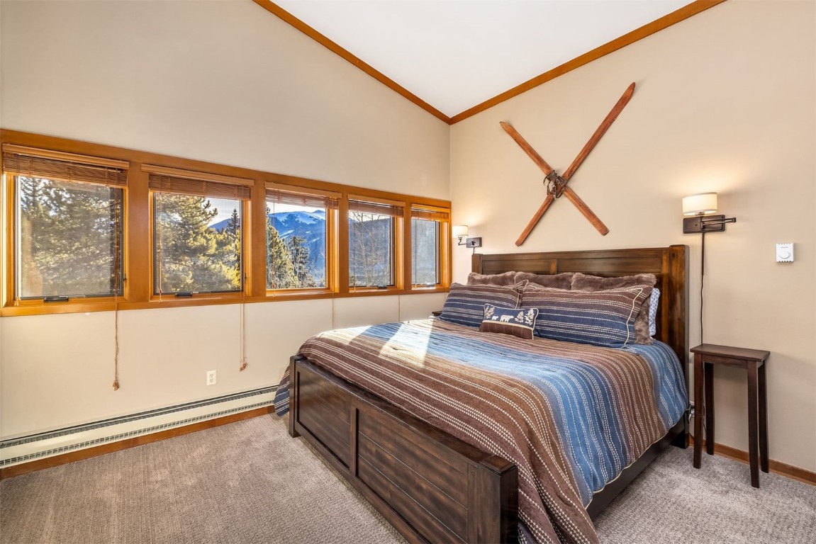 410 Tennis Club Road, Unit 1317 Keystone, CO 80435 - Photo 11 of 47 Bedroom with a baseboard heating unit, carpet flooring, lofted ceiling, and ornamental molding
