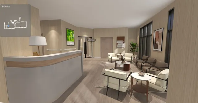 a living room with furniture and a lamp