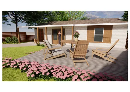 a view of a patio with a table and chairs