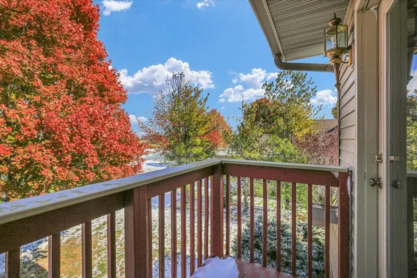 a view of a balcony with flower plants