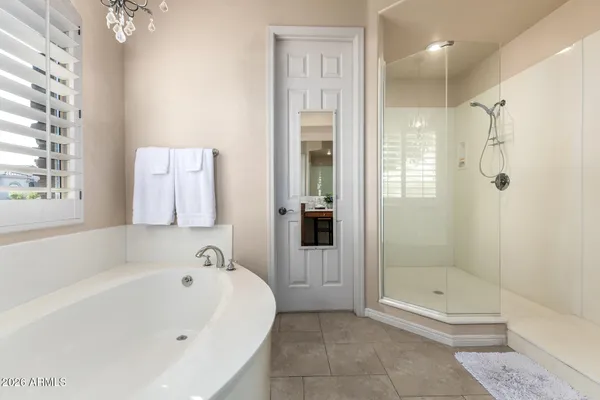 a bathroom with a bathtub and a shower