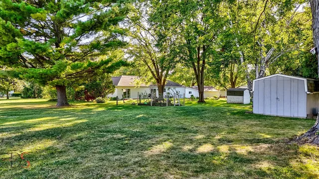 a view of a backyard with large trees