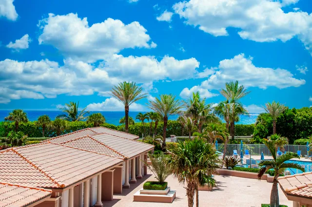 a view of a patio with table and chairs and potted plants