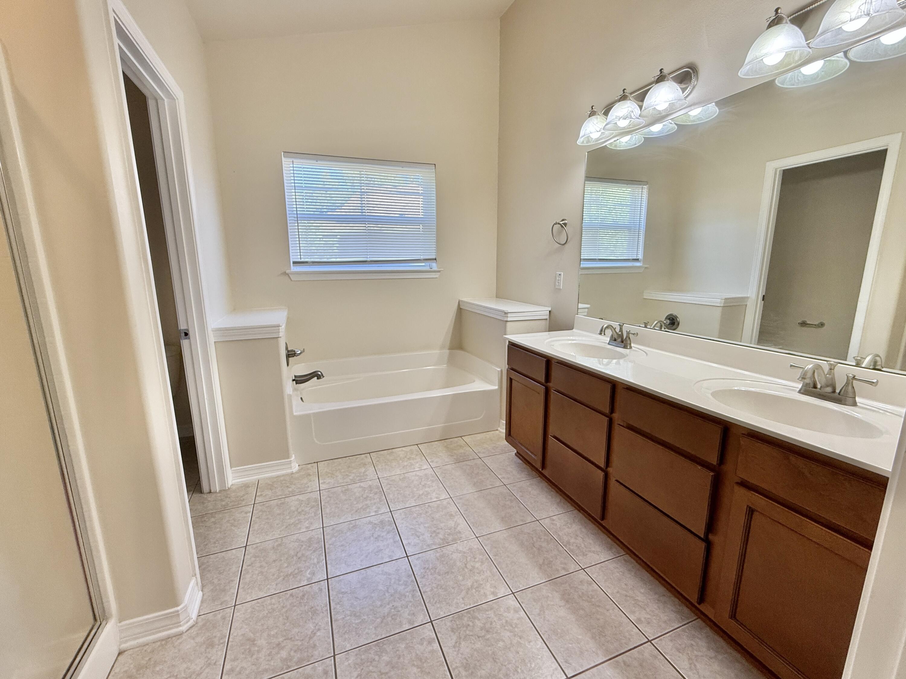 197 Hackberry Way Santa Rosa Beach, FL 32459 - Photo 16 of 26 a spacious bathroom with a double vanity sink a large mirror and a bathtub