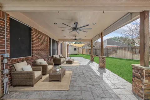 a patio with garden view