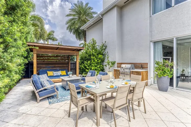 a view of a patio with a dining table and chairs with potted plants