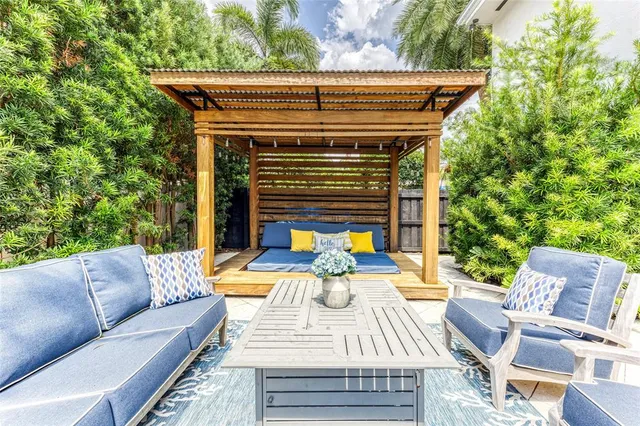 a view of a patio with dining table and chairs with plants