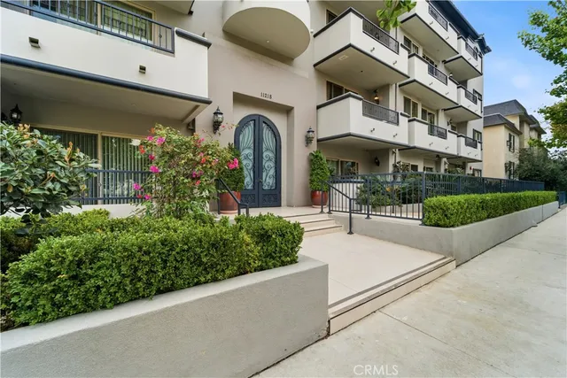 a view of a building with potted plants