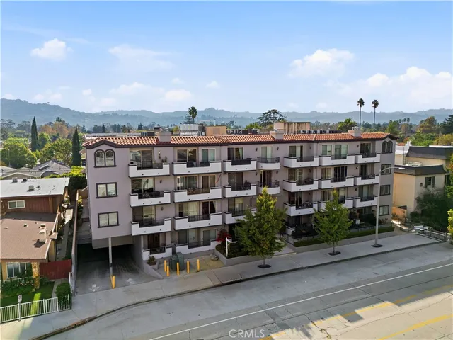 a view of a building from a balcony
