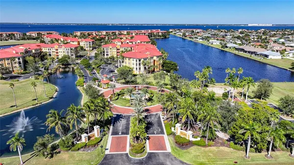 a view of swimming pool with palm trees