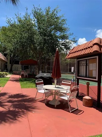 a view of backyard with swimming pool and furniture