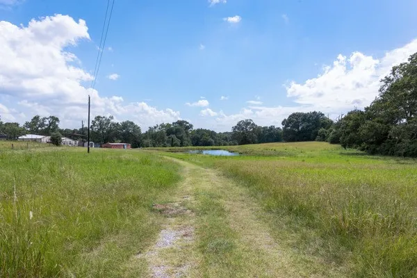 a view of a large pool with a big yard