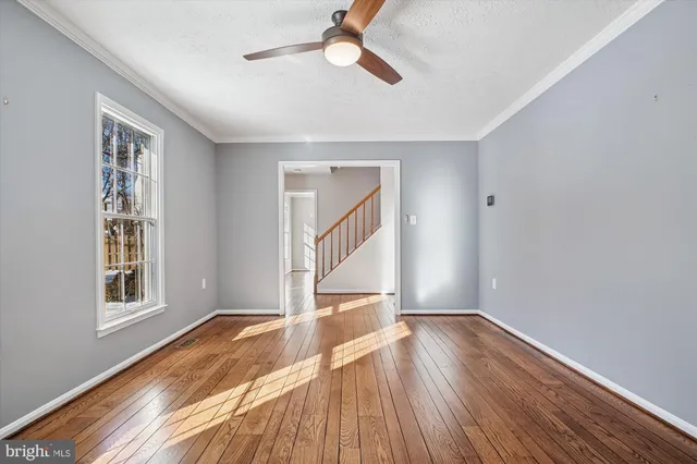 a view of an empty room with window and wooden floor