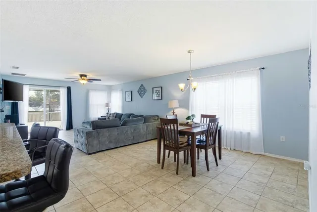 a view of a dining room with furniture and window