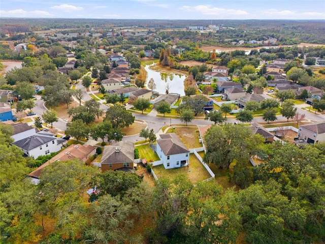 an aerial view of residential houses with outdoor space and trees