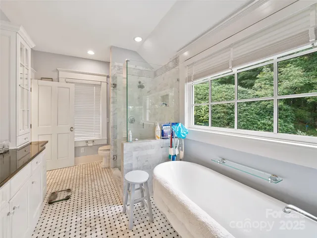 a bathroom with a tub a sink a window and a shower