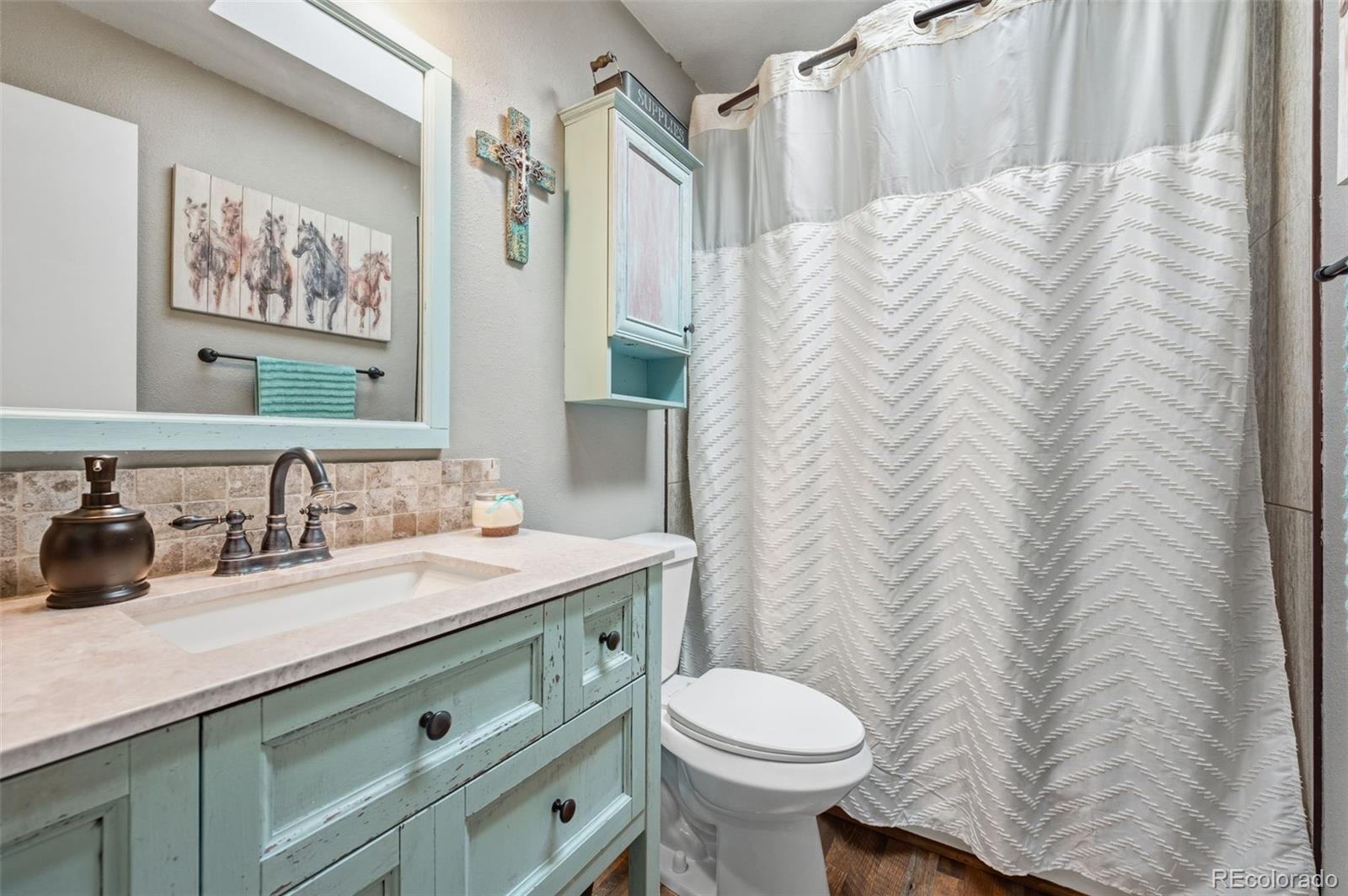 2222 County Road 72 Bailey, CO 80421 - Photo 22 of 50 a bathroom with a sink a toilet and shower curtain