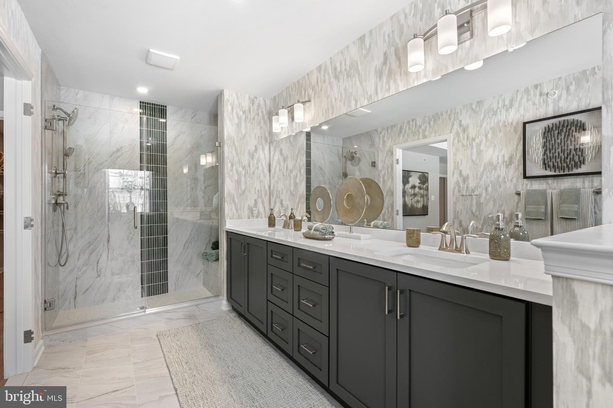 156 Bancroft Road, Unit SGR Kennett Square, PA 19348 - Photo 20 of 46 a bathroom with a double vanity sink mirror and shower