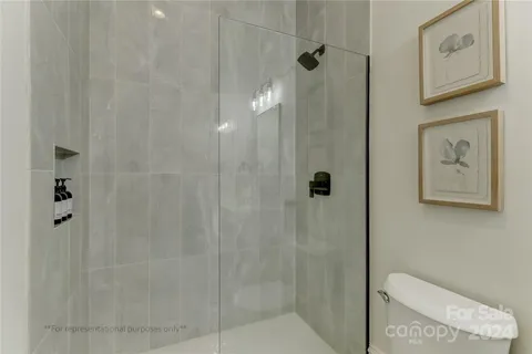 a bathroom with a shower and toilet