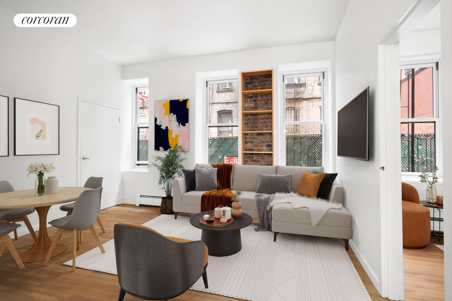 a living room with furniture fireplace and a flat screen tv