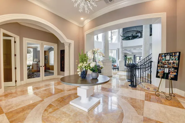 a view of a dining room with furniture