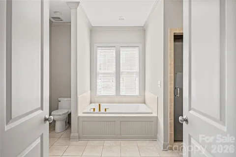 a bathroom with a bathtub and a toilet