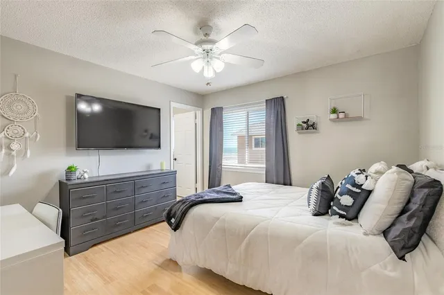 a bedroom with a bed and a flat screen tv