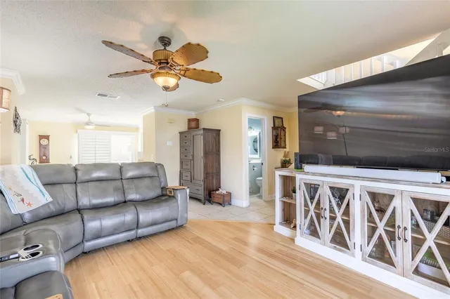 a living room with furniture a ceiling fan and a rug
