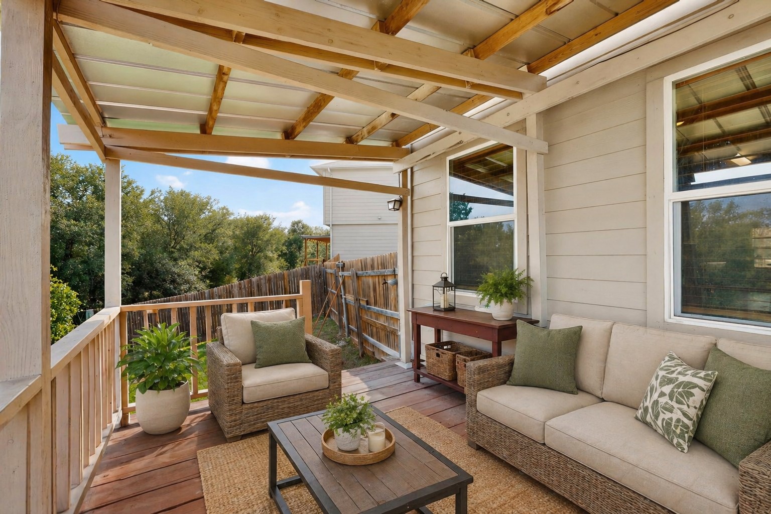 5905 Diamondleaf Bend Austin, TX 78724 - Photo 32 of 38 Covered outdoor patio with a wood-finish floor, wood railing, and a slatted wood ceiling