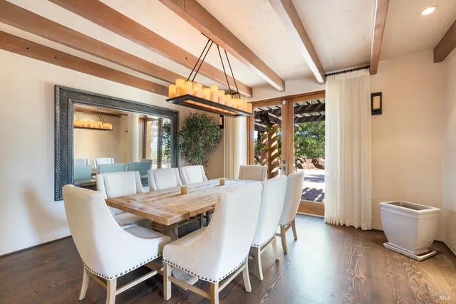 a view of a dining room with furniture wooden floor and a potted plant