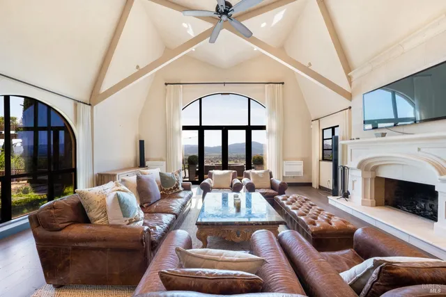 a living room with furniture a fireplace and a flat screen tv